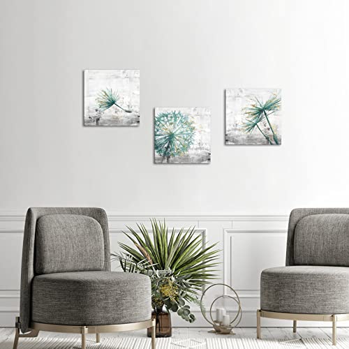 3 Piece Framed Canvas Wall Art Teal Dandelion on Rustic Grey Background Canvas Prints Home Artwork Decoration for Living Room Bedroom Farmhouse Decor 12x12x3 Panels (Small)