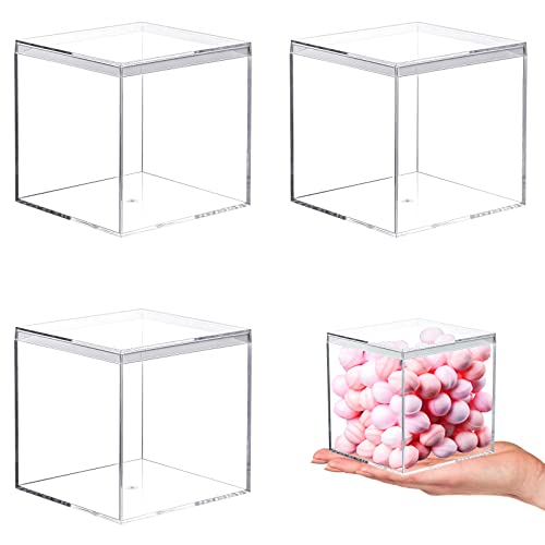 Kamehame Acrylic Boxes for Display 3 Pack Clear Plastic Square Cube, 3.3x3.3x3.3Inch/85x85x85mm Small Acrylic Box with Lid, Candy Pill and Tiny Jewelry Storage Boxes Organize Containers