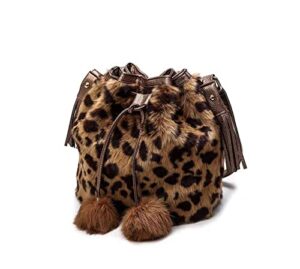 enyiwh women leopard print faux purse fur drawstring bucket bag shoulder crossbody bag