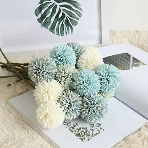 Tinsow 12 Pcs Artificial Flowers Faux Ball Chrysanthemum Bouquet Silk White Flowers Bridal Wedding Bouquet for Home Garden Party Wedding Decoration (White, 12)