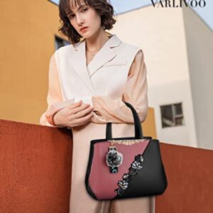 VARLIVOO Women Top-Handle Bag Flower Pattern Shoulder Bag Pom Pom Decoration Ladies Tote Bag Messenger Bag Travel Waterproof PU Leather