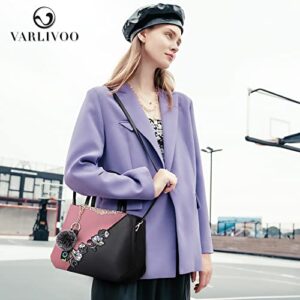 VARLIVOO Women Top-Handle Bag Flower Pattern Shoulder Bag Pom Pom Decoration Ladies Tote Bag Messenger Bag Travel Waterproof PU Leather