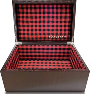 large oak wooden keepsake box – storage box lined with buffalo plaid – wooden boxes with hinged lid – decorative box for home jewelry baby (hinge box)