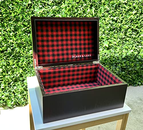 Large Oak Wooden Keepsake Box - Storage Box Lined with Buffalo Plaid - Wooden boxes with Hinged Lid - Decorative Box for Home Jewelry Baby (Hinge Box)