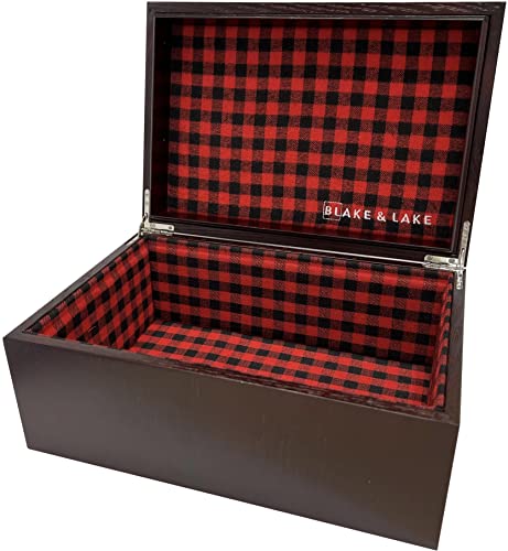 Large Oak Wooden Keepsake Box - Storage Box Lined with Buffalo Plaid - Wooden boxes with Hinged Lid - Decorative Box for Home Jewelry Baby (Hinge Box)