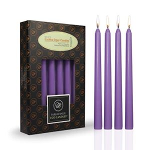 organic cocosoy candles, pack of 12 purple tapered candles 10 inch tall coconut soy wax tapers, long stem dripless smokeless dinner taper candles for home decoration, wedding, parties, ceremonies