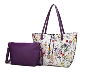 mkf collection tote & pouch bag for women-vegan leather designer handbag -shoulder strap messenger purse 2pcs set white purple
