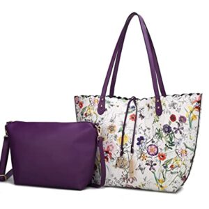 MKF Collection Tote & Pouch Bag for Women-Vegan Leather Designer Handbag -Shoulder Strap Messenger Purse 2Pcs set White Purple