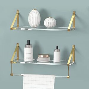 KDCMXS Sturdy Crystal-Clear Acrylic Shelves 10mm(0.4inch) Thickness,Gold Shelves,Gold Wall Shelf,Gold Floating Shelves for Thick Acrylic Bathroom Shelves with Towel Bar Set of 2.