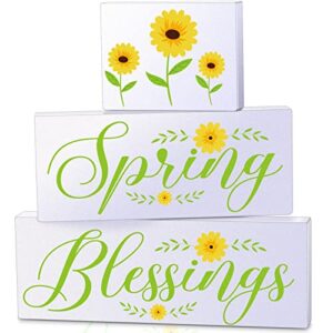 queekay spring wooden sign 3 pieces wood hello spring decor farmhouse spring tiered tray decor seasonal rustic tiered tray decor home kitchen spring decor spring wooden ornaments for home decoration