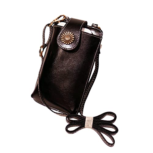 Small Crossbody Leather Cellphone Purses for Women Cowhide wallet shoulder tote with card holder and cash organizer Fashion Travel Designer handbags, phone bag, sunflower deco magnetic buckle - BLACK