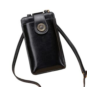 Small Crossbody Leather Cellphone Purses for Women Cowhide wallet shoulder tote with card holder and cash organizer Fashion Travel Designer handbags, phone bag, sunflower deco magnetic buckle - BLACK