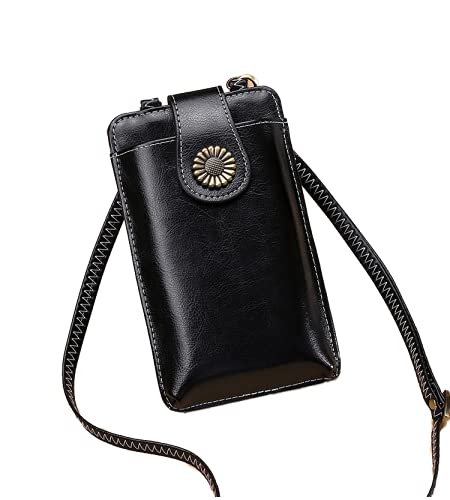 Small Crossbody Leather Cellphone Purses for Women Cowhide wallet shoulder tote with card holder and cash organizer Fashion Travel Designer handbags, phone bag, sunflower deco magnetic buckle - BLACK