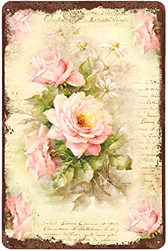 Dreacoss Pink Rose Anique Vintage Tin Sign Flower Decor Floral Metal Sign for Home Office Coffee Bar Club Pub Store Housewarming Gift 12x8 Inch