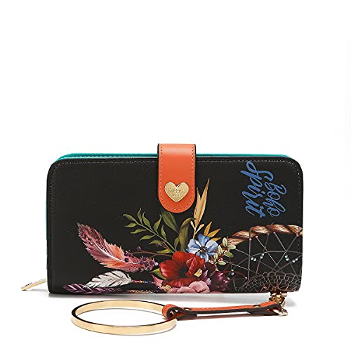 PRT6700 NICOLE LEE FASHION PRINT ZIPPER WALLET V3~BOHEMIAN BLACK