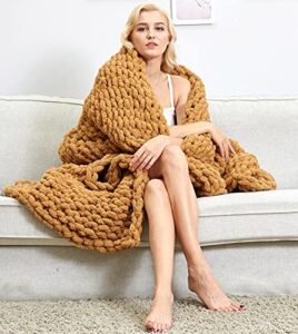 apixo chunky knit blanket chenille throw 40”x 80”- tight braided thick cable knit throw for sofa or bed – 100% hand made chenille weighted blanket, khaki-100x200cm