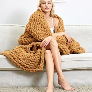 APIXO Chunky Knit Blanket Chenille Throw 40''x 80''- Tight Braided Thick Cable Knit Throw for Sofa or Bed - 100% Hand Made Chenille Weighted Blanket, Khaki-100x200cm