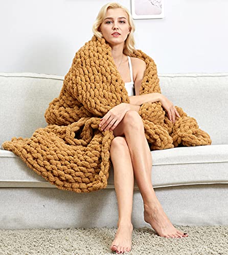 APIXO Chunky Knit Blanket Chenille Throw 40''x 80''- Tight Braided Thick Cable Knit Throw for Sofa or Bed - 100% Hand Made Chenille Weighted Blanket, Khaki-100x200cm