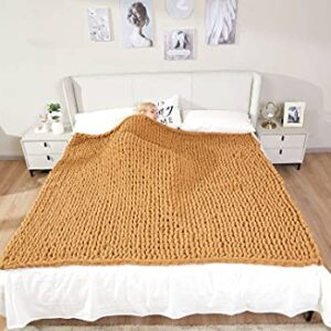 APIXO Chunky Knit Blanket Chenille Throw 40''x 80''- Tight Braided Thick Cable Knit Throw for Sofa or Bed - 100% Hand Made Chenille Weighted Blanket, Khaki-100x200cm