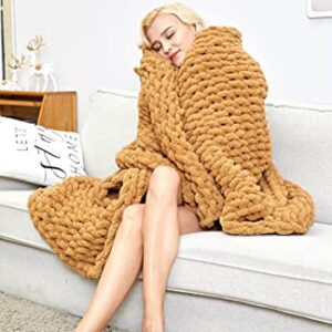 APIXO Chunky Knit Blanket Chenille Throw 40''x 80''- Tight Braided Thick Cable Knit Throw for Sofa or Bed - 100% Hand Made Chenille Weighted Blanket, Khaki-100x200cm