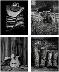 niio western cowboy wall art, highland cow print, boots straw hat and longhorn decor vintage farmhouse canvas for men’s bedroom, set of 4(8inx10in, unframed)