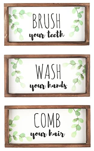 ABRADZ Bathroom Wall Decor Rustic Wood Farmhouse Bathroom Wall Decor Country Bathroom Decor Bathroom Sign & Plaque (Set of 3) Wash Your Hands Brush Your Teeth Comb Your Hair Bathroom Decorations