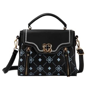 top handdle satchel handbags for women – fashion print shoulder bag color blocking crossbody purse leather tote handbag(black)