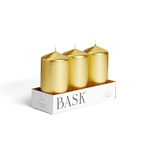 Metallic Cone Top Pillar Candles by Bask - Set of 3-3" x 6" Dripless Unscented Holiday Candles in Metallic Gold for Home Decor, Relaxation & All Occasions