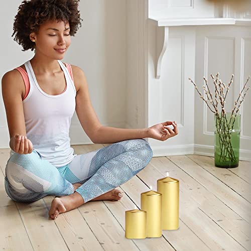 Metallic Cone Top Pillar Candles by Bask - Set of 3-3" x 6" Dripless Unscented Holiday Candles in Metallic Gold for Home Decor, Relaxation & All Occasions