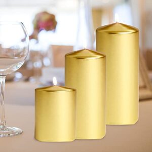 Metallic Cone Top Pillar Candles by Bask - Set of 3-3" x 6" Dripless Unscented Holiday Candles in Metallic Gold for Home Decor, Relaxation & All Occasions