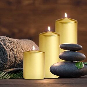 Metallic Cone Top Pillar Candles by Bask - Set of 3-3" x 6" Dripless Unscented Holiday Candles in Metallic Gold for Home Decor, Relaxation & All Occasions