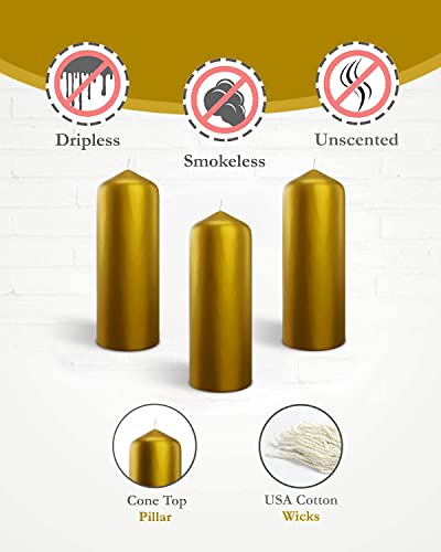 Metallic Cone Top Pillar Candles by Bask - Set of 3-3" x 6" Dripless Unscented Holiday Candles in Metallic Gold for Home Decor, Relaxation & All Occasions