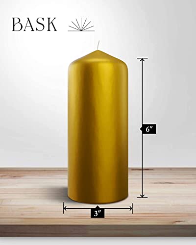 Metallic Cone Top Pillar Candles by Bask - Set of 3-3" x 6" Dripless Unscented Holiday Candles in Metallic Gold for Home Decor, Relaxation & All Occasions