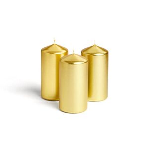 Metallic Cone Top Pillar Candles by Bask - Set of 3-3" x 6" Dripless Unscented Holiday Candles in Metallic Gold for Home Decor, Relaxation & All Occasions