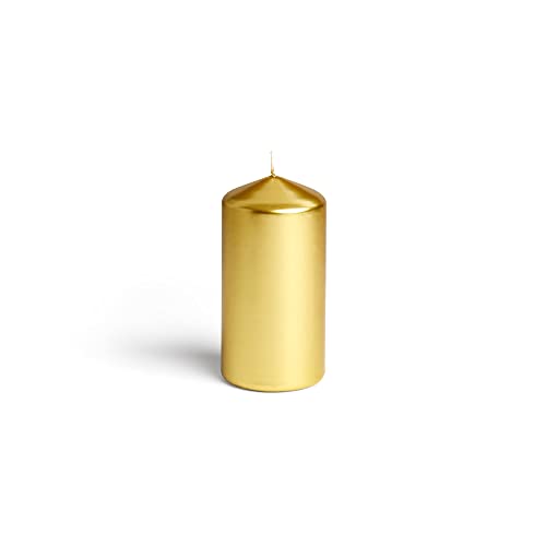 Metallic Cone Top Pillar Candles by Bask - Set of 3-3" x 6" Dripless Unscented Holiday Candles in Metallic Gold for Home Decor, Relaxation & All Occasions