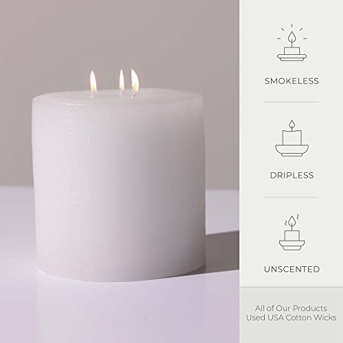 Mottled Pillar Candles by Bask - Triple Wick 6" x 6" Dripless Unscented Holiday Candles in White for Home Decor, Relaxation & All Occasions