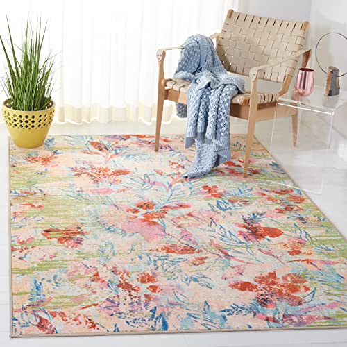 SAFAVIEH Paint Brush Collection Machine Washable Slip Resistant 4'4" x 6' Blue/Blush Pink PTB159M Floral Entryway Living Room Foyer Bedroom Accent Rug