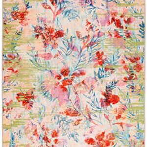 SAFAVIEH Paint Brush Collection Machine Washable Slip Resistant 4'4" x 6' Blue/Blush Pink PTB159M Floral Entryway Living Room Foyer Bedroom Accent Rug