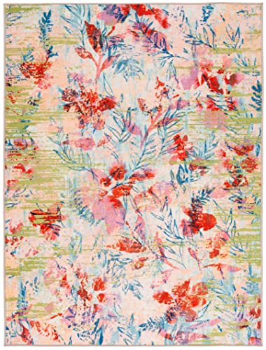 SAFAVIEH Paint Brush Collection Machine Washable Slip Resistant 4'4" x 6' Blue/Blush Pink PTB159M Floral Entryway Living Room Foyer Bedroom Accent Rug