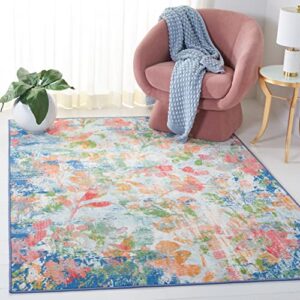 safavieh paint brush collection machine washable slip resistant 5’5″ x 7’6″ navy/orange ptb157n floral distressed living room dining bedroom area rug