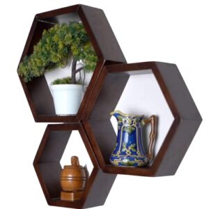 Hexagon Floating Shelves Wooden, Dark Rustic Farmhouse Honeycomb Wall Home Decor Thick Set of 3, Retro Bathroom Bedroom Living Room Kitchen Storage