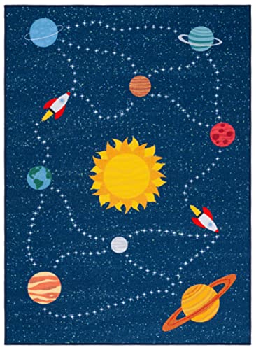 Safavieh Kids Playhouse Collection Machine Washable Slip Resistant 5'5" x 7'7" Navy/Gold KPH253N Outer Space Sun Playroom Nursery Bedroom Area Rug