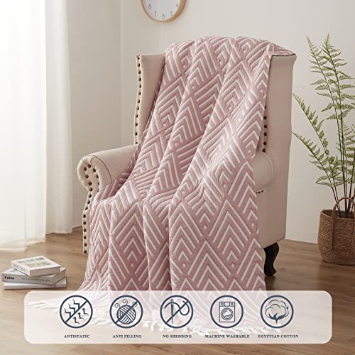 SE SOFTEXLY Muslin Throw Blanket Twin Size, 3-Layer 100% Cotton Blanket, Soft Blanket for Bed, Couch, Car, Lightweight Cooling Blanket Farmhouse and Home Decor (Tassels Pink,60X80)