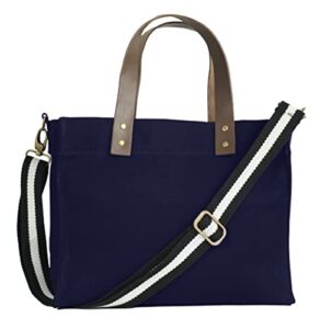 tag&crew brooklyn tote canvas bag with leather handles, zippered flap, 3 pockets, adjustable shoulder strap, antique brass clips – navy blue
