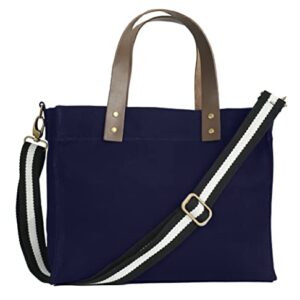 Tag&Crew Brooklyn Tote Canvas Bag with Leather Handles, Zippered Flap, 3 Pockets, Adjustable Shoulder Strap, Antique Brass Clips - Navy Blue