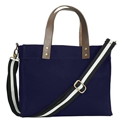 Tag&Crew Brooklyn Tote Canvas Bag with Leather Handles, Zippered Flap, 3 Pockets, Adjustable Shoulder Strap, Antique Brass Clips - Navy Blue