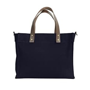 Tag&Crew Brooklyn Tote Canvas Bag with Leather Handles, Zippered Flap, 3 Pockets, Adjustable Shoulder Strap, Antique Brass Clips - Navy Blue
