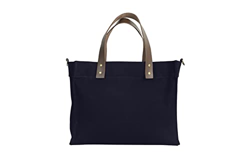 Tag&Crew Brooklyn Tote Canvas Bag with Leather Handles, Zippered Flap, 3 Pockets, Adjustable Shoulder Strap, Antique Brass Clips - Navy Blue