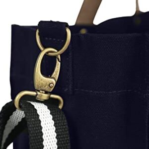 Tag&Crew Brooklyn Tote Canvas Bag with Leather Handles, Zippered Flap, 3 Pockets, Adjustable Shoulder Strap, Antique Brass Clips - Navy Blue