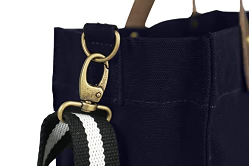 Tag&Crew Brooklyn Tote Canvas Bag with Leather Handles, Zippered Flap, 3 Pockets, Adjustable Shoulder Strap, Antique Brass Clips - Navy Blue